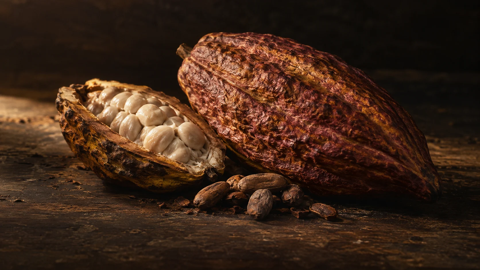 Mazorcas y granos de cacao sobre una superficie oscura bajo una luz cálida